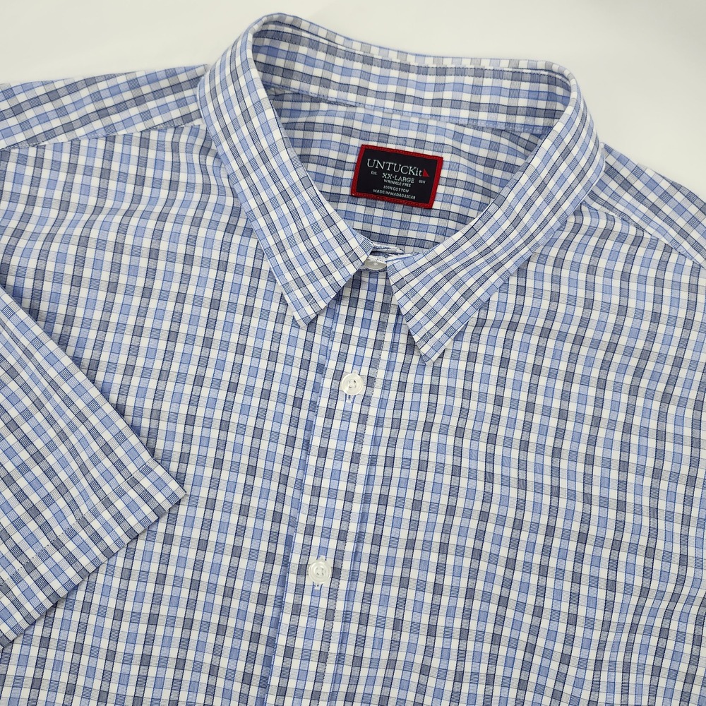 UNTUCKit Mens Dante Camp Shirt Size XXL Blue Check Wrinkle Free Short Sleeve